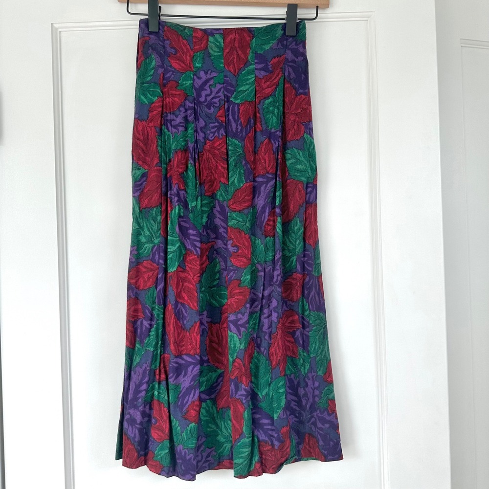 Vintage Floral Print Midi Skirt Pleated A Line‎ Purple Red Green Size M 90s